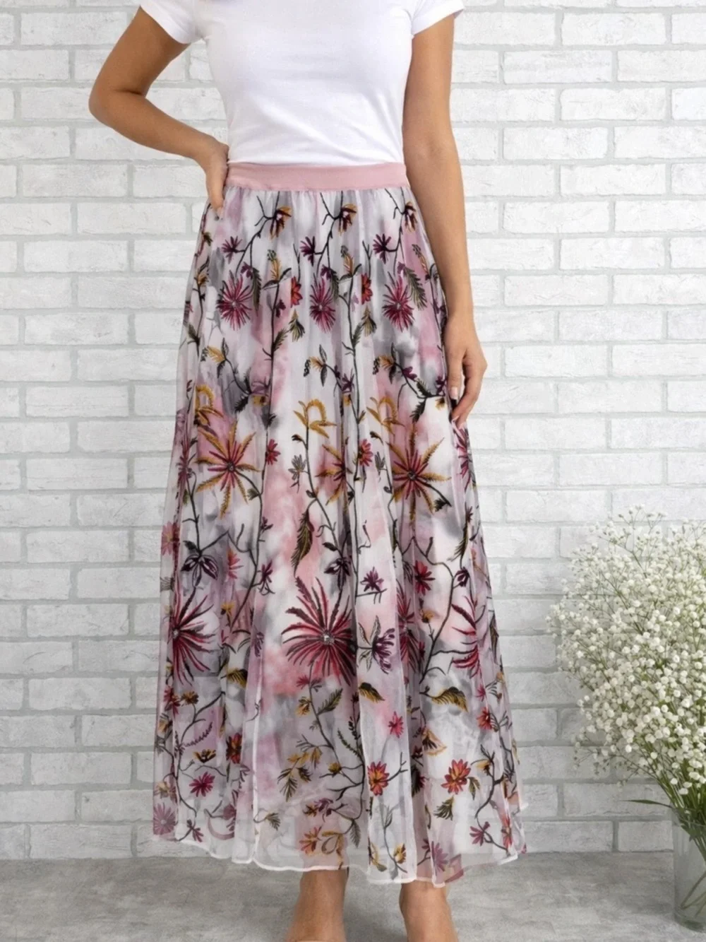 Soft Surroundings Splendor Floral Mesh Embroidery Maxi Skirt Size XS - Picture 3 of 10